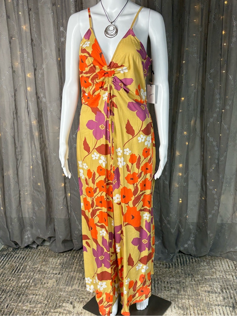 Vibrant Floral Maxi Jumpsuit in Mustard, Orange & Purple